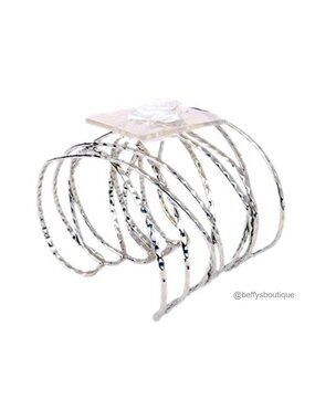 Hammered Faux Silver Floral Corsage Cuff Bracelet Classy Formal